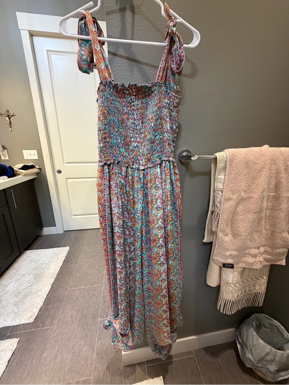 Smocked Floral Tie-Shoulder Jumpsuit in Multicolor